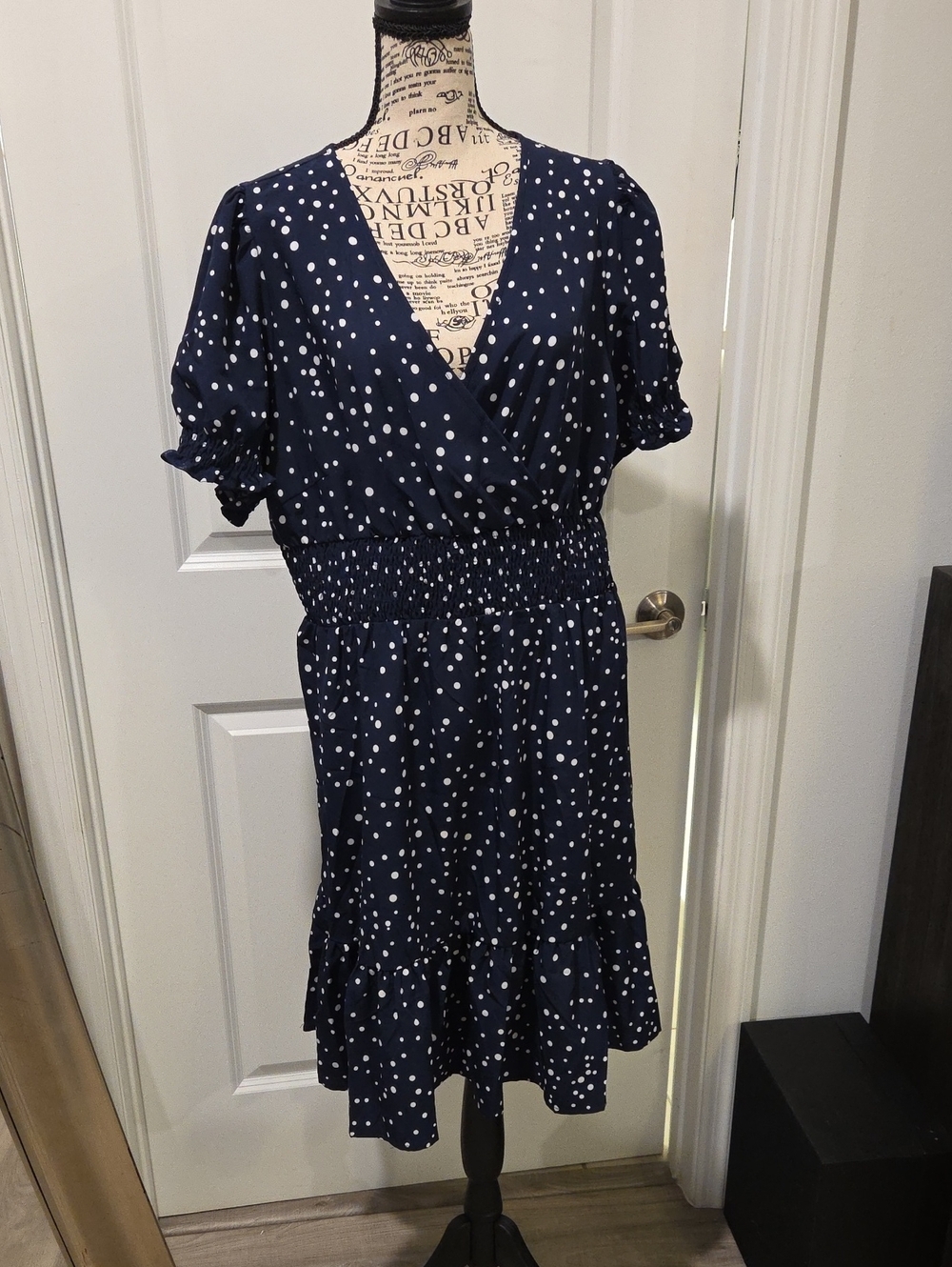 SHEIN Navy Blue Polka Dot Smocked Waist Mini Dress Size 1X, New W/O Tag!
